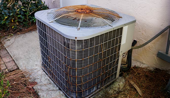 An old, weathered outdoor air conditioner condenser unit