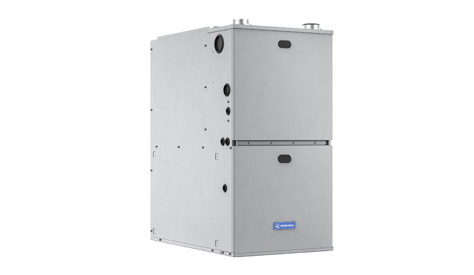 Studio product shot of a grey MRCOOL residential heating system