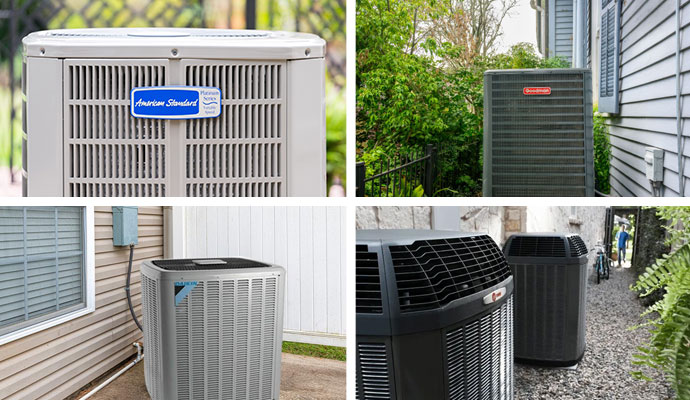 American Standard, Goodman, Daikin and Trane air conditioner outdoor units