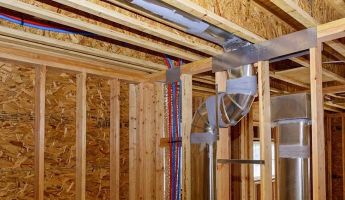 Newly installed duct pipe in an under-construction residential house