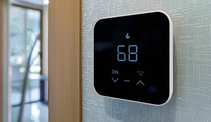 Wall mounted smart thermostat showing temperature