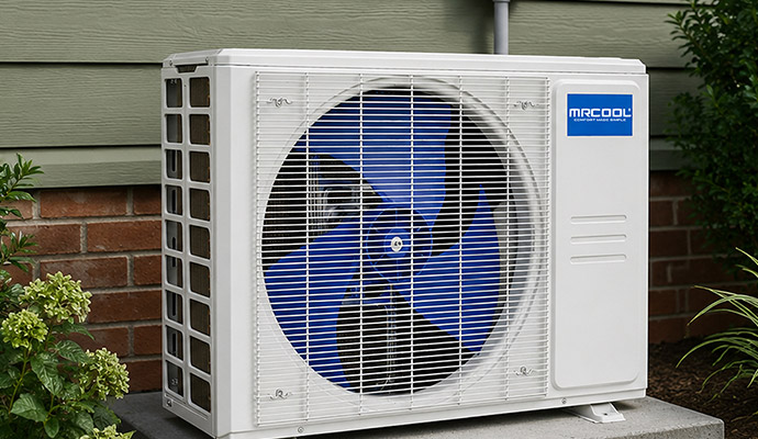 MrCool outdoor heat pump beside in wall