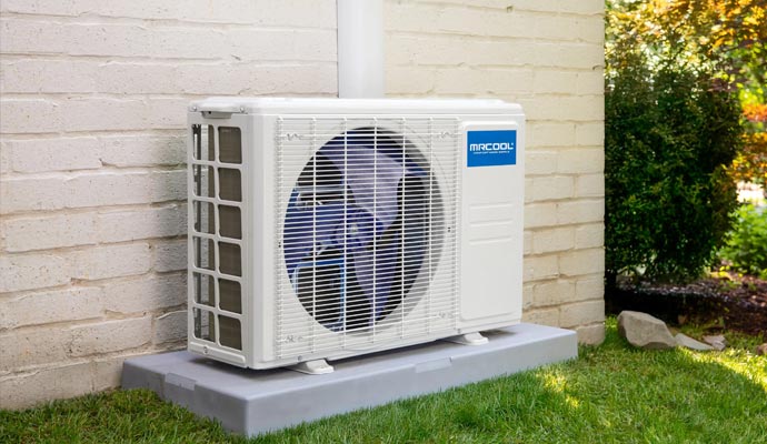 MrCool outdoor heat pump installed on equipment pad