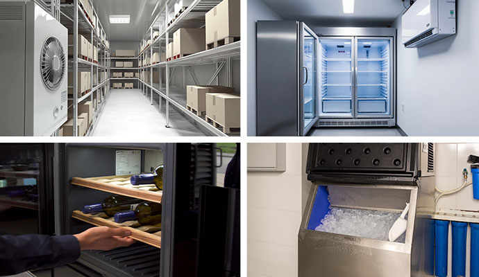 Collage of walk-in cooler, reach-in cooler, wine cooler and ice machine