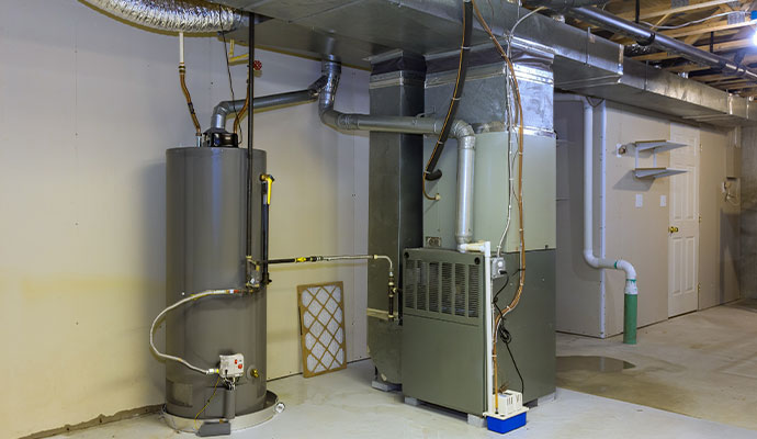 An installed residential gas water heater tank